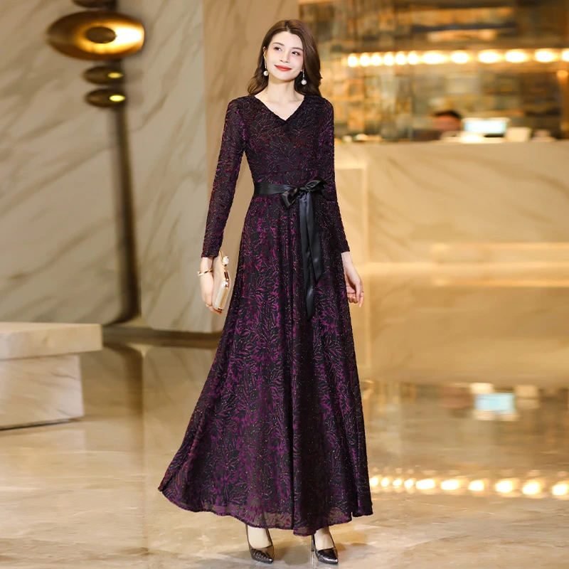 115高贵气质优雅修身显瘦网纱植绒剪花高端 轻奢时尚长款连衣裙