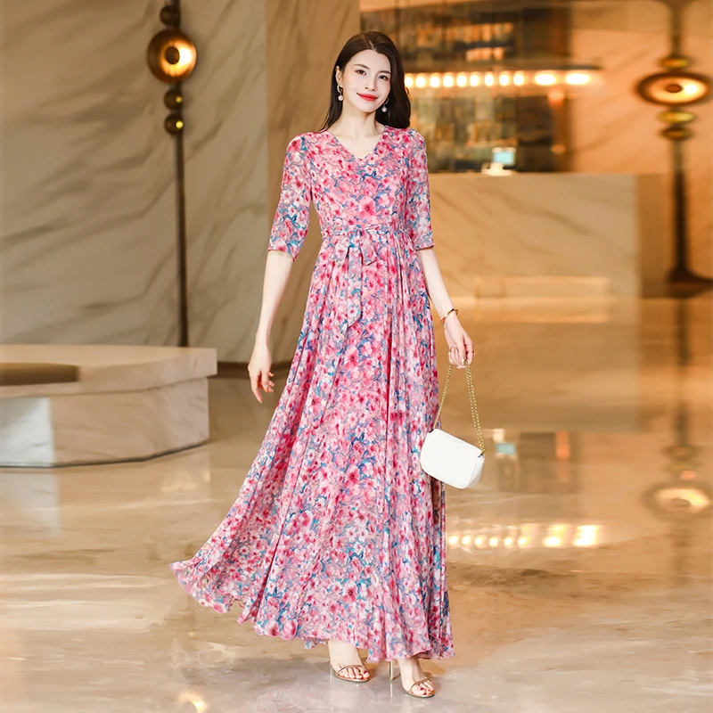 新款春夏雪纺连衣裙V领印花气质修身显瘦洋气时尚大摆裙沙长裙 44