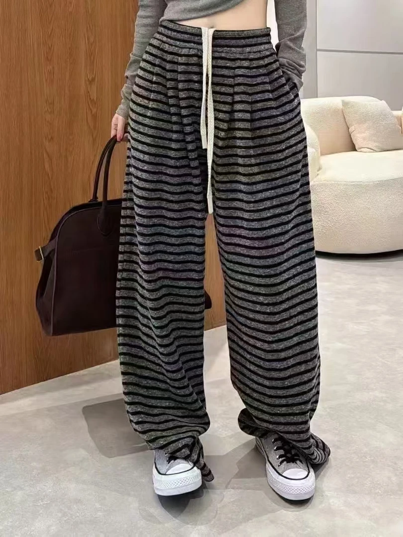【宜泽服饰】欧货韩版简约百搭高腰松紧带条纹加绒直筒阔腿裤休闲裤