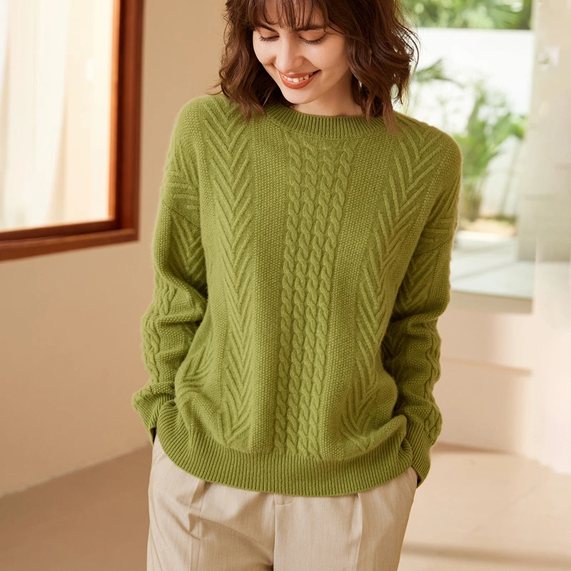 绒匠磅加厚圆领绞花100全羊绒衫 韩版宽松阔版毛衣外套大码针织衫