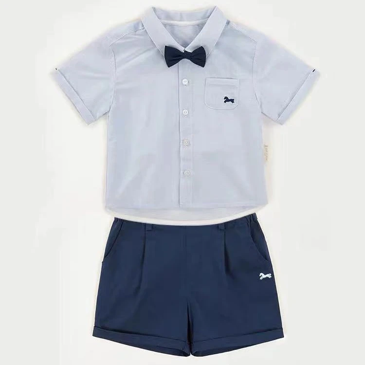 小马 浅蓝小衬衫配蓝色短裤套装【带领结】