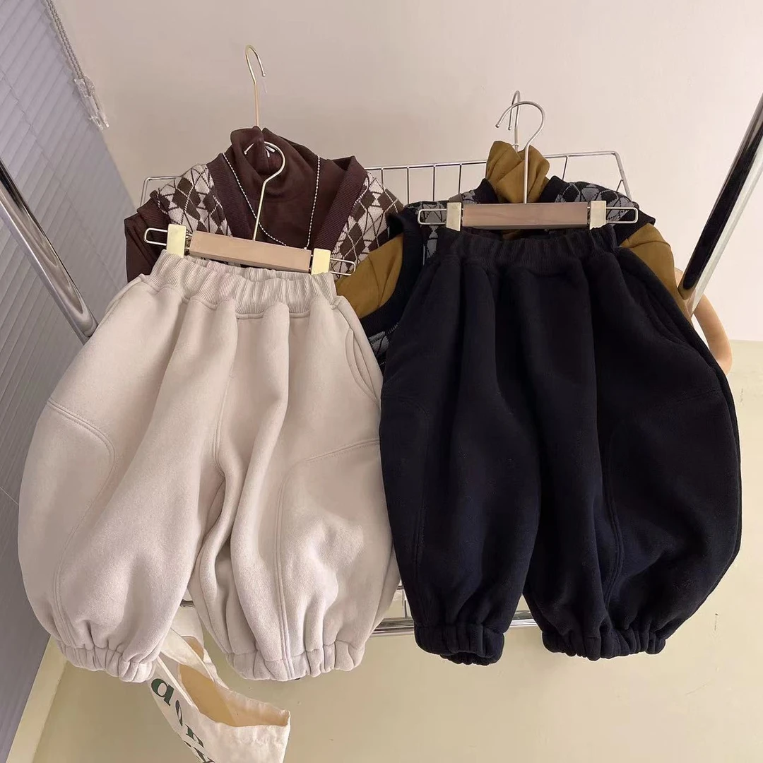 M-Q9521男女童韩版秋冬款加厚休闲宽松卫裤儿童洋气纯色休闲裤