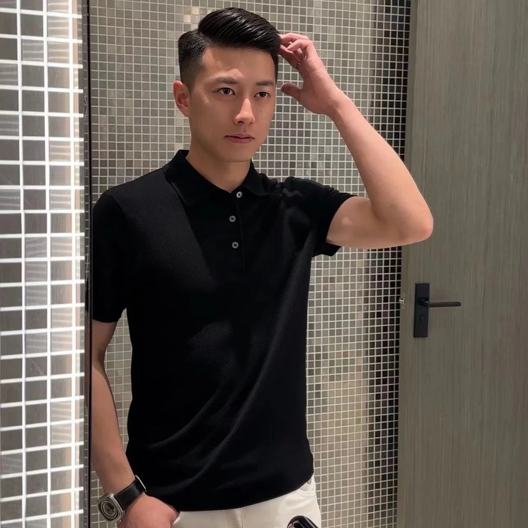 男士纯色百搭夏季菠萝纹修身商务针织翻领短袖POLO衫（0161）