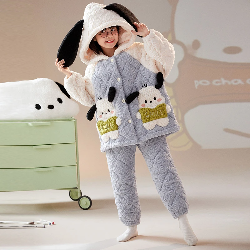 冬季女童睡衣三层夹棉保暖加厚加绒款珊瑚绒中大童儿童家居服套装