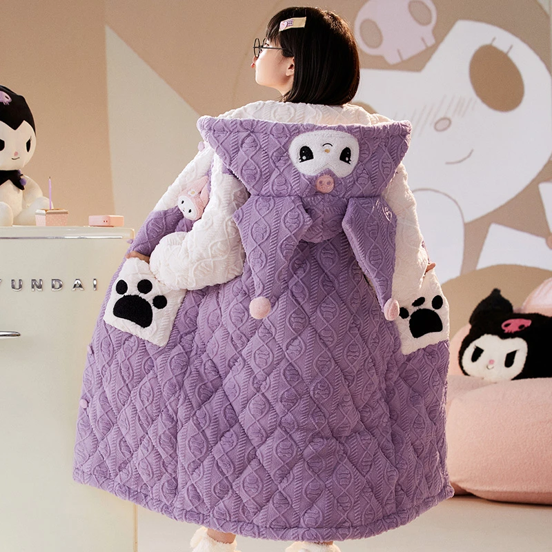 儿童睡袍三层夹棉女童款睡衣珊瑚绒冬季加绒加厚女孩法兰绒家居服