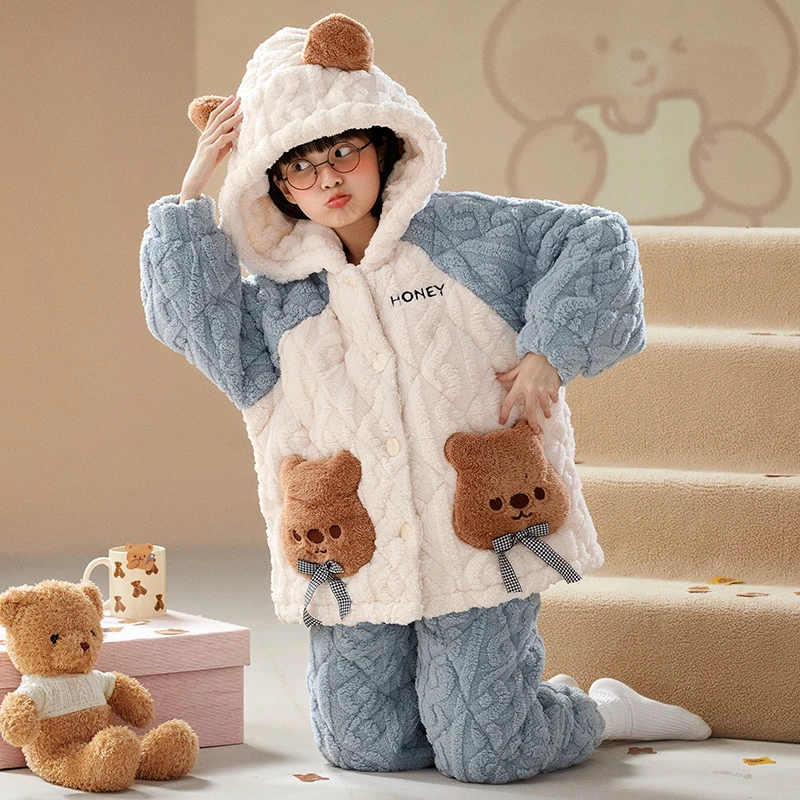 女童睡衣三层夹棉加厚加绒款冬季保暖儿童珊瑚绒法兰绒家居服套装