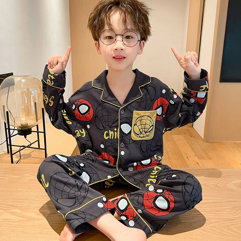儿童睡衣男童春秋季纯棉长袖小男孩中大童开衫卡通家居服亲子套装