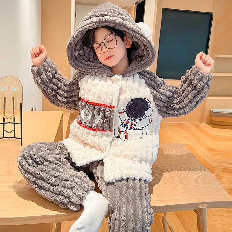 儿童款男童睡衣冬季三层夹棉加绒加厚保暖男孩珊瑚绒法兰绒家居服