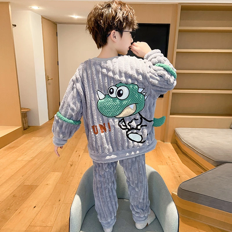 儿童睡衣珊瑚绒男童法兰绒加厚款加绒秋冬季中大童卡通家居服套装