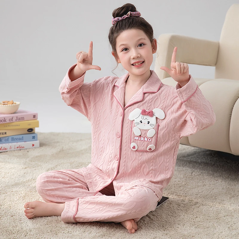 儿童睡衣女童春秋季加厚提花纯棉长袖中大童女孩亲子家居服套装厚