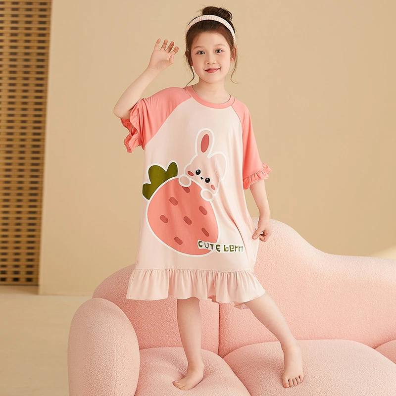 【莫代尔】夏季儿童睡裙莫代尔薄款女孩短袖女童卡通中大童亲子睡衣