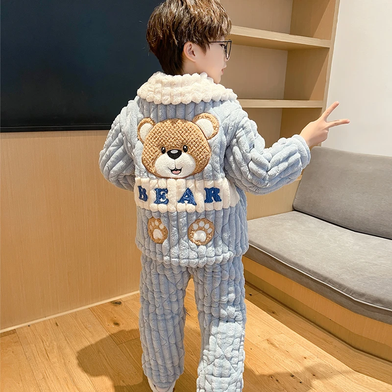 男童睡衣三层夹棉保暖款冬季加绒加厚男孩法兰绒儿童珊瑚绒家居服