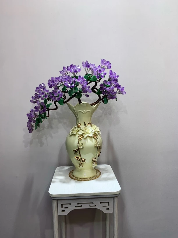 【岩岩手工坊】轻奢高档百搭风手捏大花陶瓷紫创意水晶树简约摆设