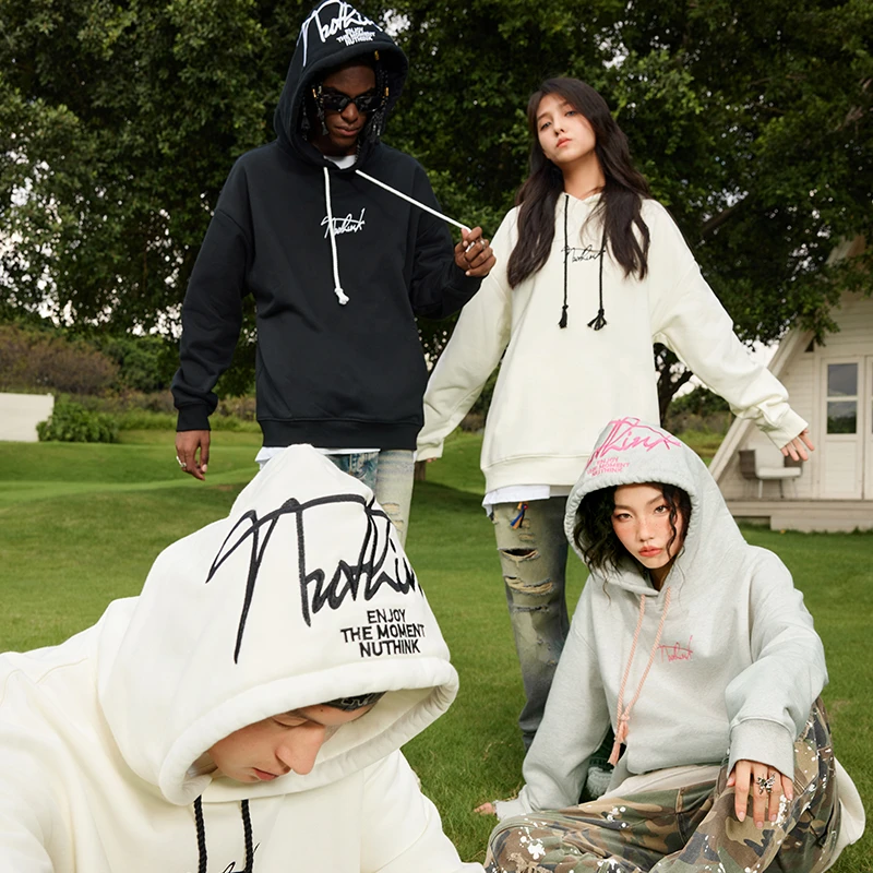 Nuthink潮流简约字母刺绣冬季男女情侣装新款百搭连帽卫衣D2024