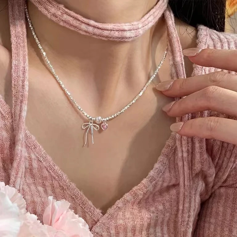 铜合金仿珍珠项链 甜美 铜合金仿珍珠蝴蝶结项链 X1501