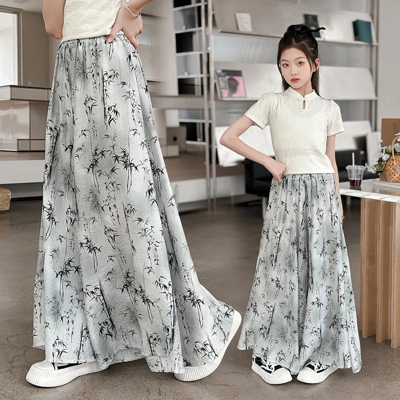 女童裤子夏季裙裤洋气6-12岁15岁中大儿童2025新款薄款水墨画裤裙