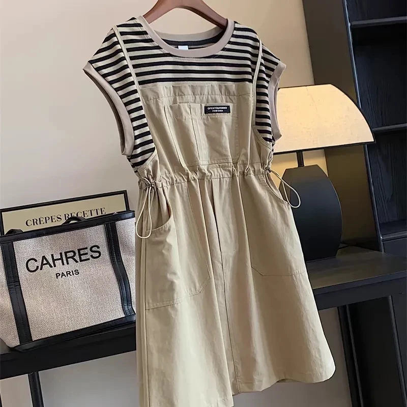 女童假两件背带连衣裙2025夏装新款大童休闲条纹裙子小学生女孩子