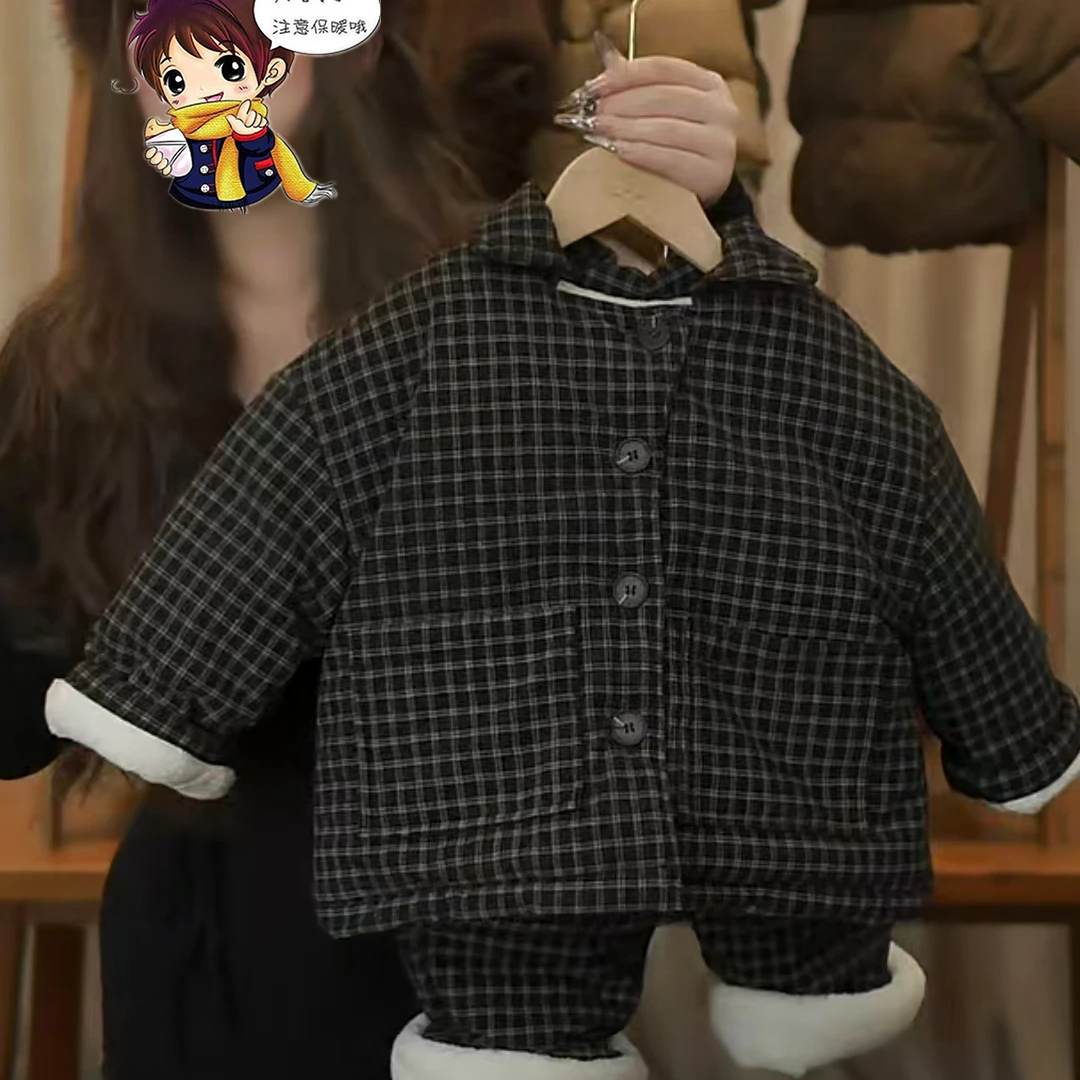 韩版冬季儿童家居服套装睡衣男童加绒保暖女童三层加厚洋气夹棉潮