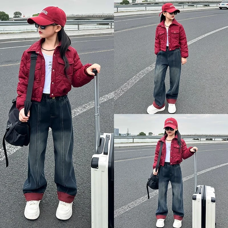 女大童冬季套装高级感2024新款儿童红色棉衣网红女童潮酷穿搭秋冬