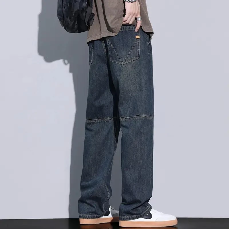 直筒牛仔裤男秋冬季加绒2023水洗做旧裤子美式潮牌复古宽松休闲裤