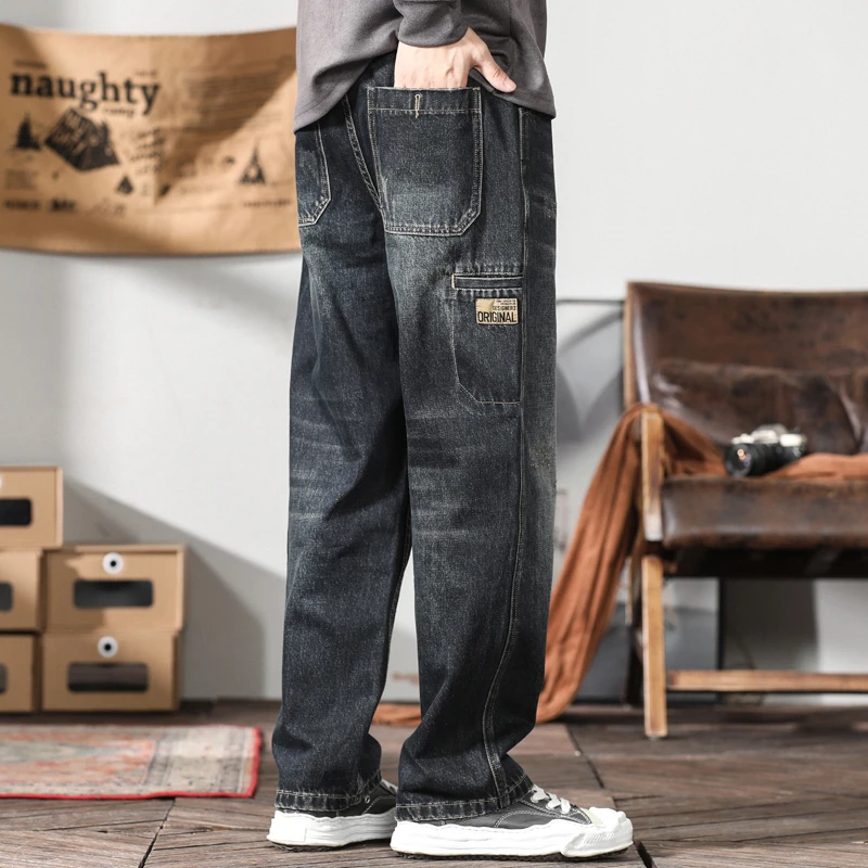 秋季爆款美式复古高街大码牛仔裤男高端宽松阔腿裤男士潮牌休闲裤