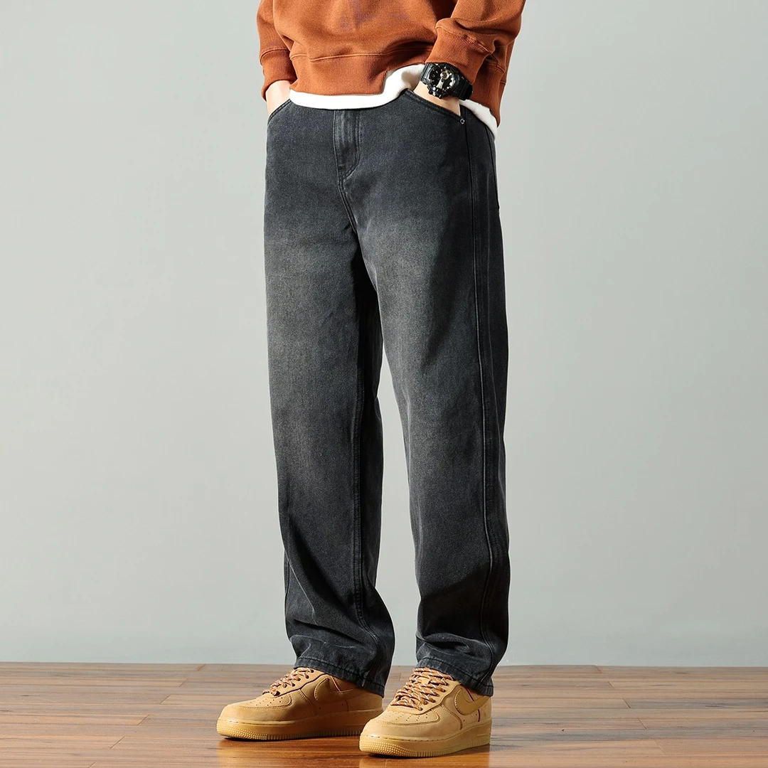 春夏高端直筒黑色牛仔裤男新款美式复古阔腿大码休闲简约百搭长裤