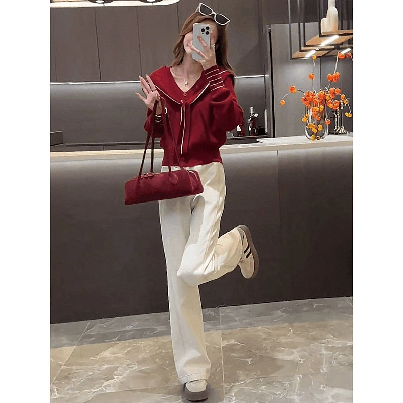 欧货2024秋装新款韩版海军领翻领毛衣+牛仔阔腿裤两件套时髦套装