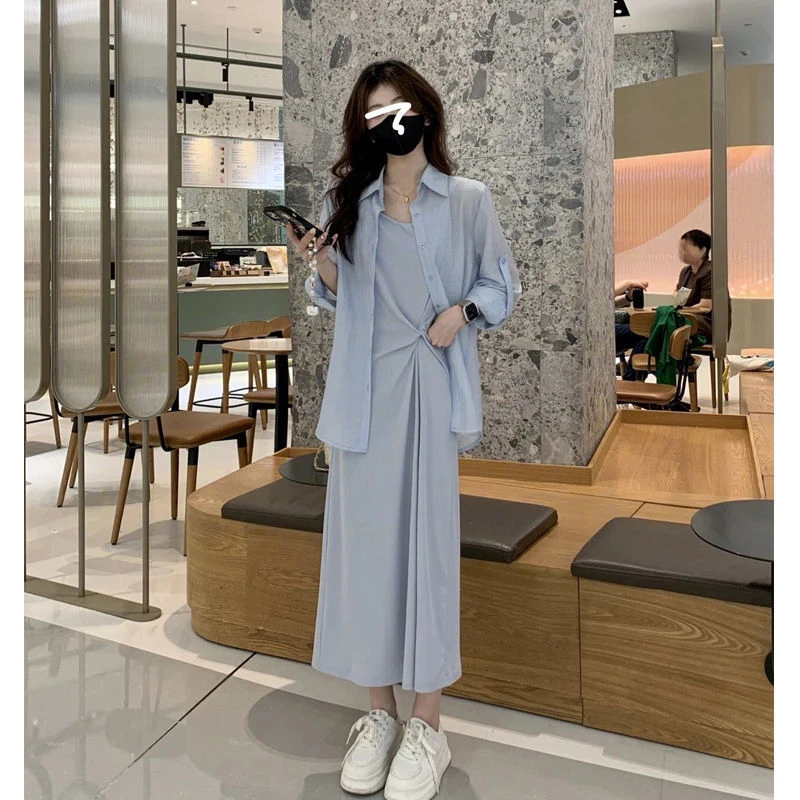 夏季薄荷曼波女装新中式时尚百搭防嗮衬衫+吊带连衣裙套装