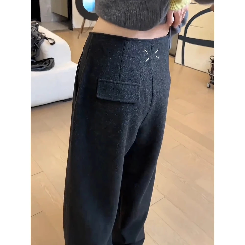 欧货四角标毛呢休闲裤女冬新款大码梨形身材小个子加绒加厚休闲裤