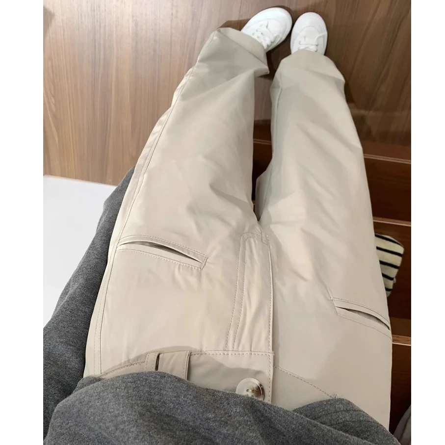 美式复古卡其色工装裤女秋季新款胖妹妹mm高腰直筒阔腿微喇休闲裤