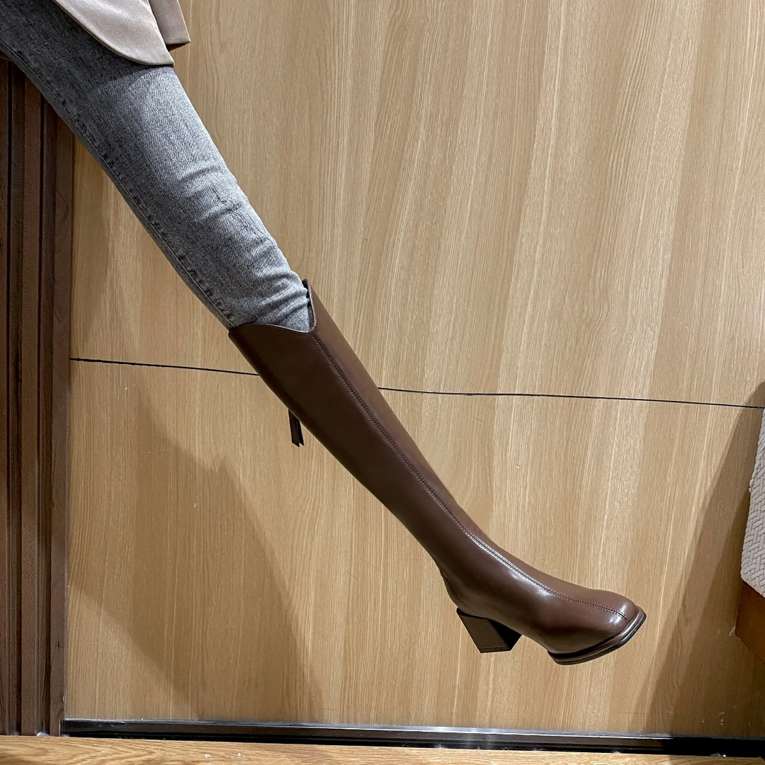 复古气质网红爆款瘦瘦长筒靴女秋冬2024新款圆头加绒高跟5CM长靴