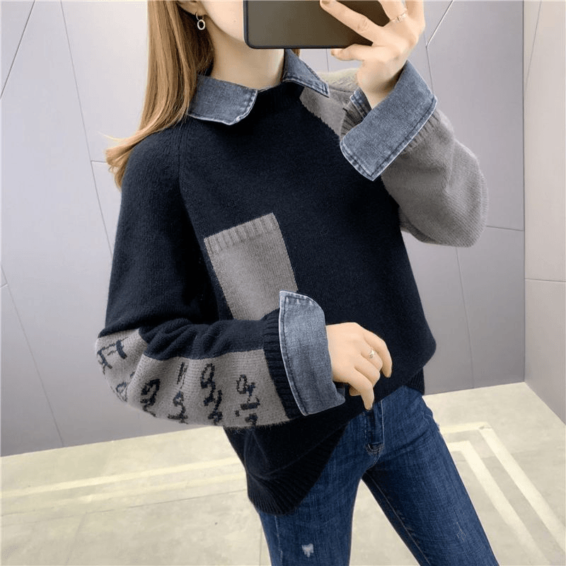 牛仔袖拼接假两件毛衣女2024春装新款韩版宽松慵懒风外穿针织秋冬