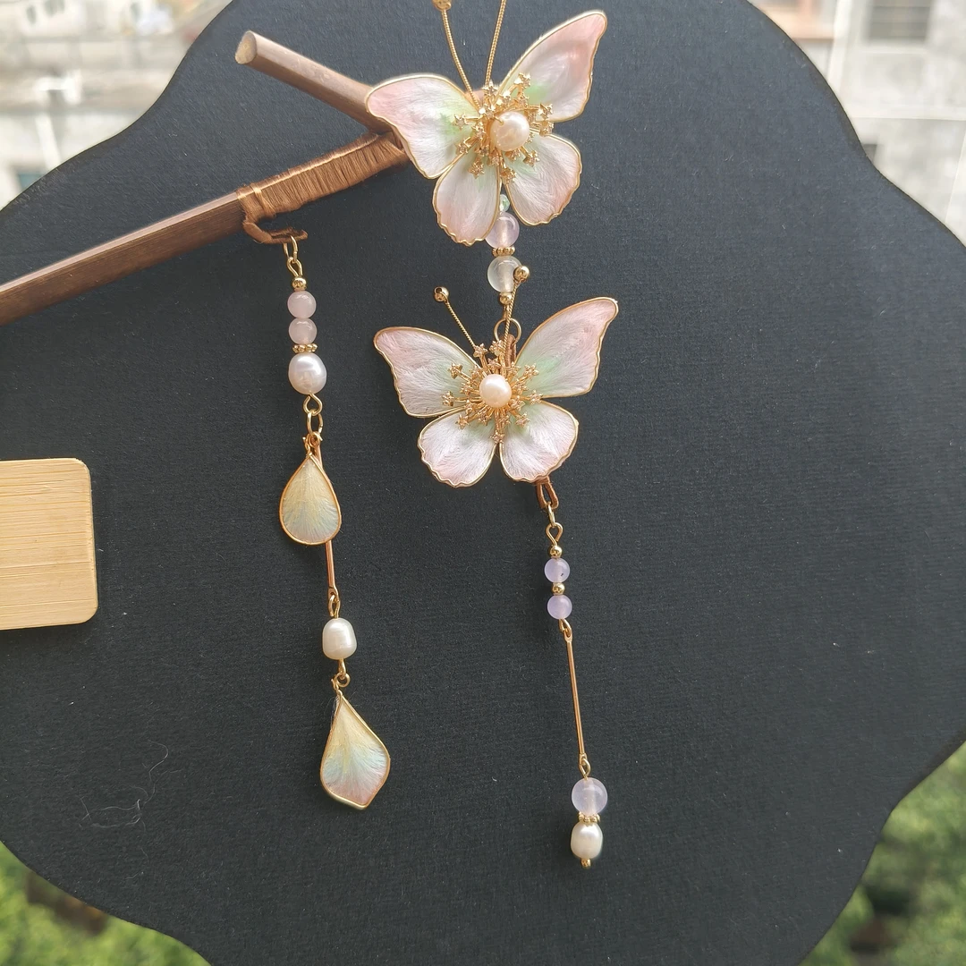 粉蓝蝶双舞 掐丝绒花 复古发簪 旗袍簪子 非遗绒花 绒花簪子