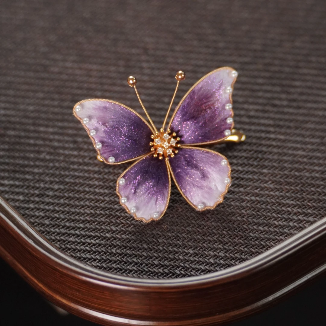 炫紫蝴蝶边夹 非遗绒花南京绒花 大气国风小巧精致百搭手工