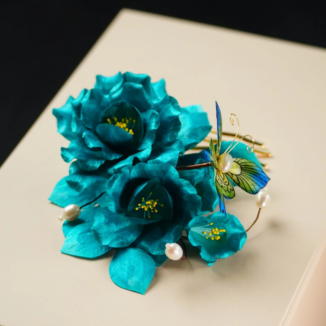 幽兰如梦绿牡丹 蝶香插梳非遗绒花南京绒花