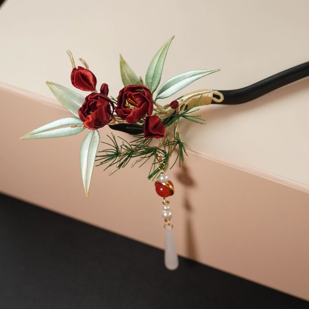 岁寒三友 发簪非遗绒花南京绒花