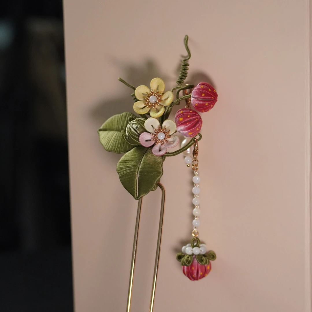 草莓发簪非遗绒花南京绒花日常配饰古风插梳手工簪发