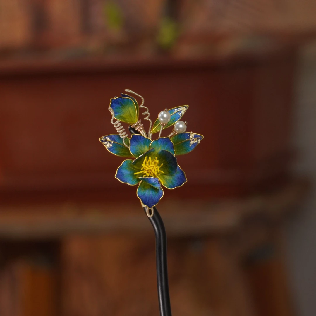 千里江山色升级版黑檀木发簪 非遗绒花手工复古简约日常古典