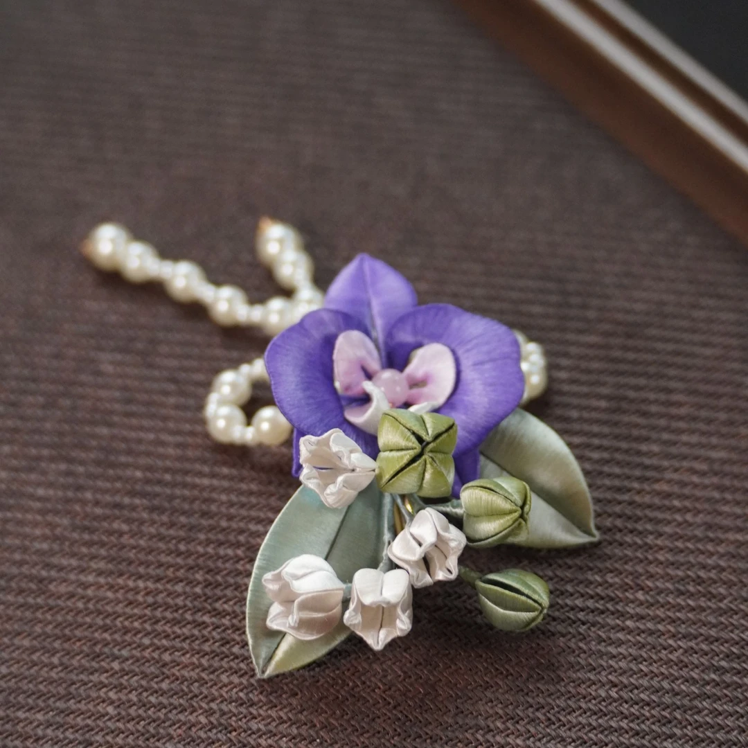 蝴蝶兰缠花边夹 手工南京绒花日常旗袍汉服配饰