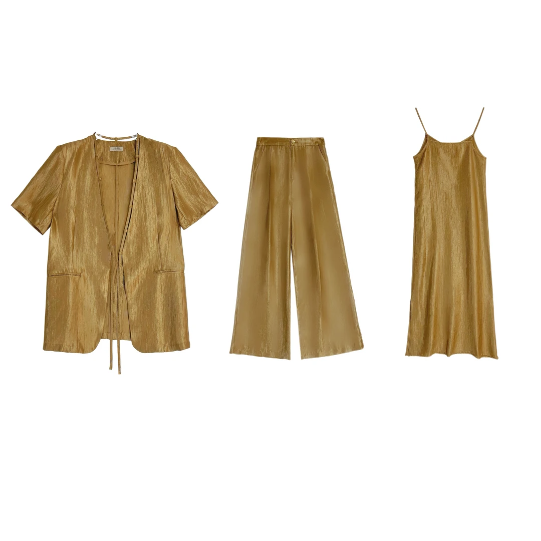 【流金岁月】香槟金夏季短袖西装三件套复古风时尚无领西装D498