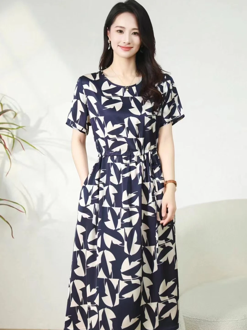 小香风2025新款妈妈装优雅显瘦连衣裙气质收腰休闲长裙时尚印花裙