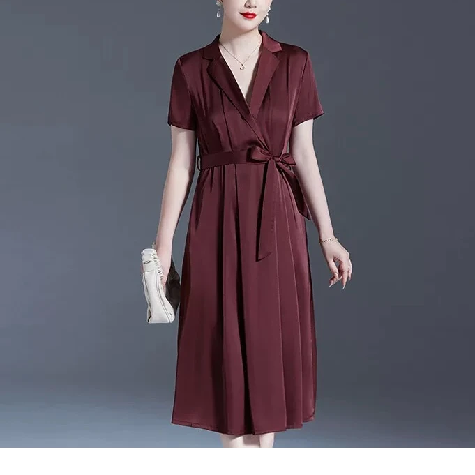 酒红翻领纯色2024新款秋装 时尚修身休闲连衣裙 优雅显瘦收腰裙子