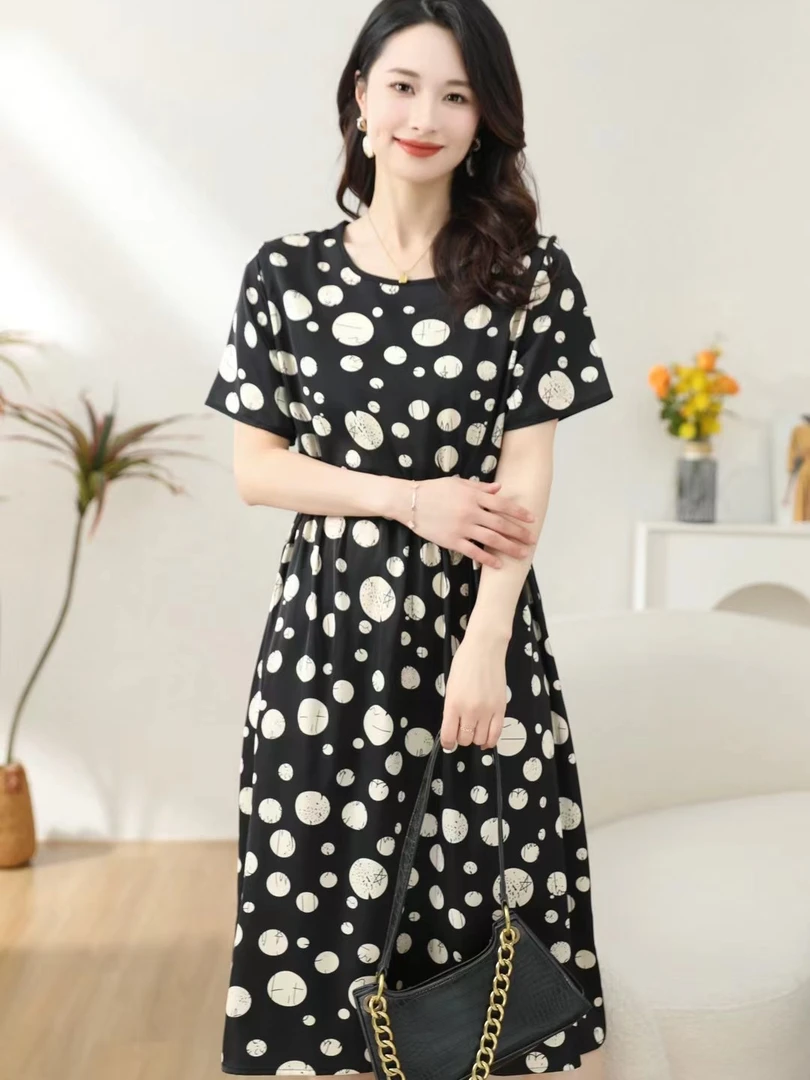 大波点 高贵气质收腰显瘦圆领时尚优雅内搭连衣裙短袖休闲新款裙