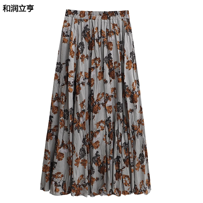 和润立亨法式复古褶皱碎花半身裙