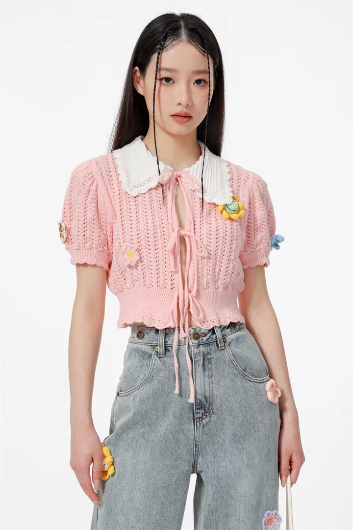 【邵邵专属】YANGHAIYANG 设计师品牌 粉色钩织小花针织衫