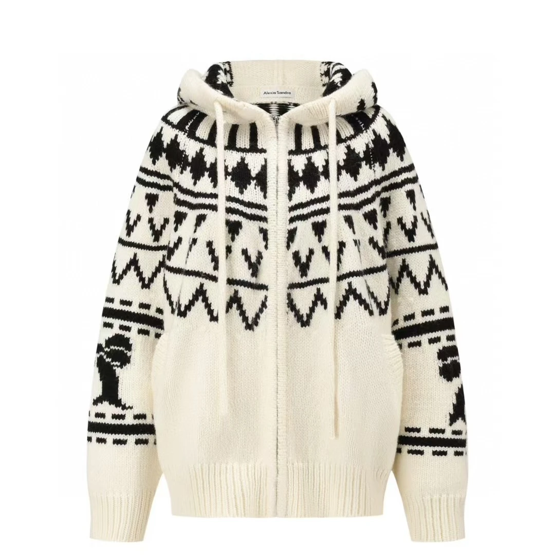 【邵邵专属】AlexiaSandra 24AW 秋冬新款提花毛织连帽大外套