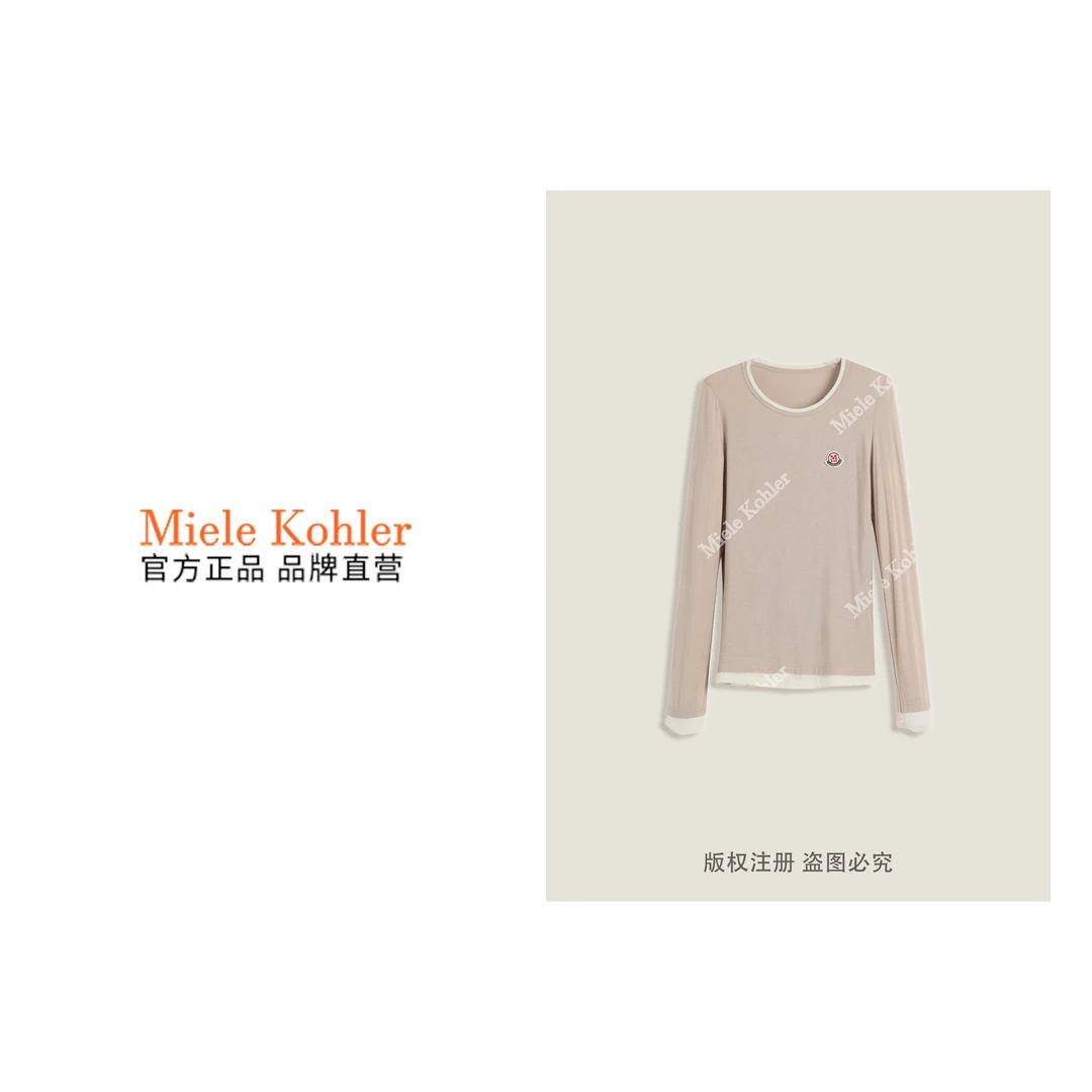 新款简约休闲拼接假两件圆领长袖T恤女MKKQ62029-2【澳门小源同款】