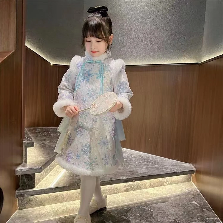女童旗袍裙拜年服冬装2024新款儿童中国风唐装女孩加厚汉服连衣裙