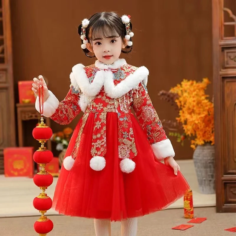 汉服女童加绒冬天裙子女宝加厚拜年服新款女孩冬装儿童唐装连衣裙