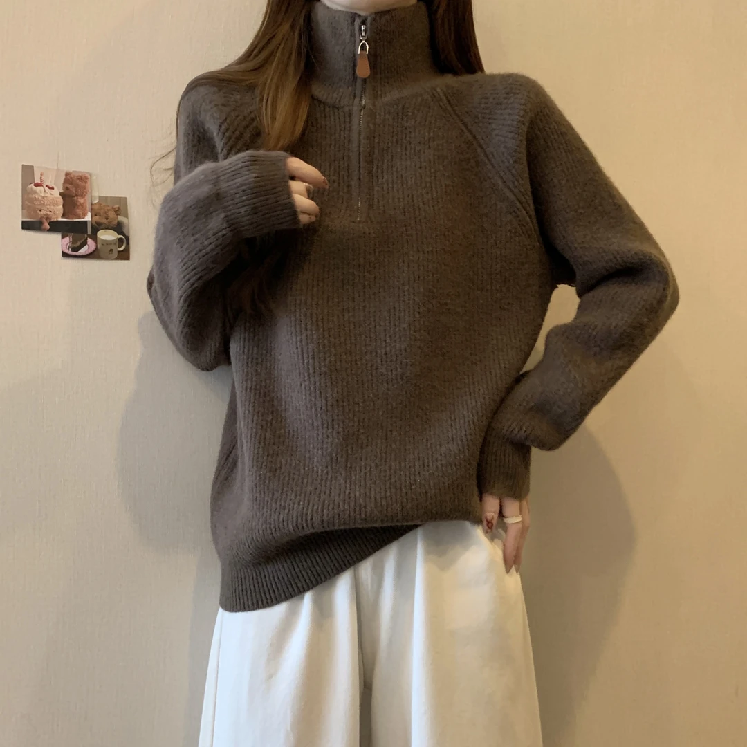 大码软糯半拉链高领毛衣女秋冬2024新款微胖mm显瘦洋气长袖针织衫
